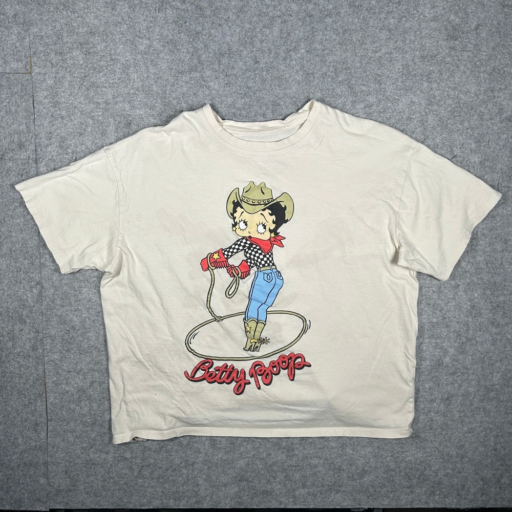 Fleischer Studios T Shirt Women Cream Betty Boop Cowboy Graphic Tee Cartoon Y2K